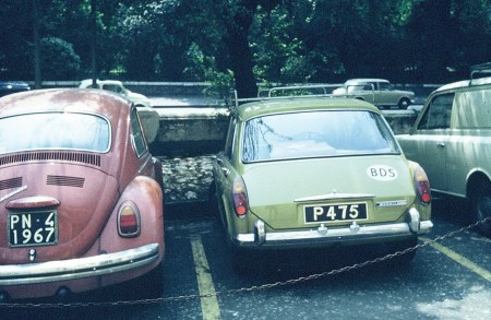 1972 photo of an Austin 1300 in London, from Barbados, where P codes the parish of St. Philip.