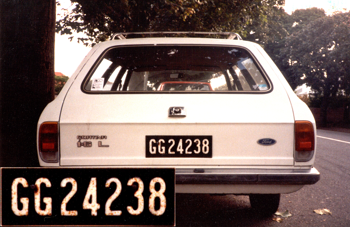 Until 1981, South African Govt. departments were allocated plates from the ' Government garage'. Here is a Ford Cortina Mk 3 estate car in Grahamstown in those days. Brumby archive