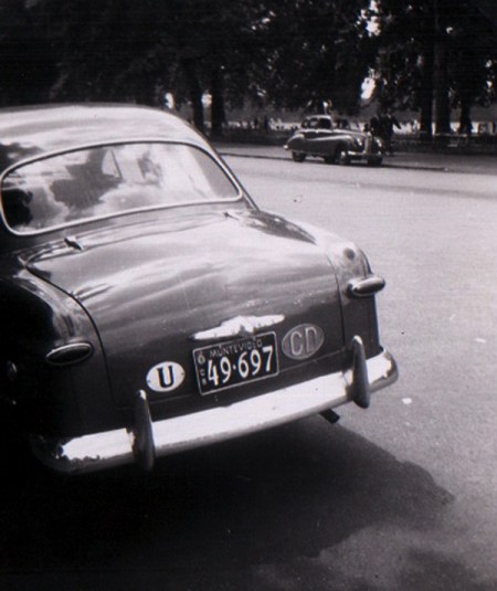 A diplomat back from Montevideo, seen in Hyde Paek circa 1952, on a Simca Aronde.    