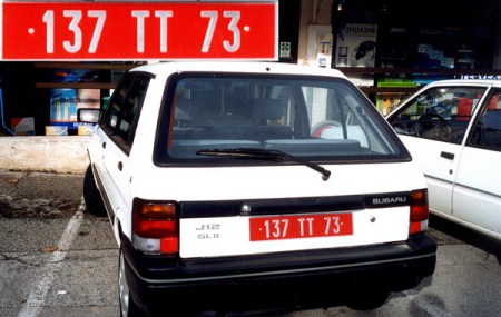 FRANCE. TT=Titulaire Temporaire or Transit Temporaire?? 73 is from Savoie, seen in Ste. Maxime circa 2005, and seems oddly old for that time, as this series ran 1955-84. False plate? Brumby archive