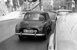 White plates were issued to privileged Party members in pre-democratic Bulgaria.    This fortunate citizen had a modern car and was allowed a passport to travel to Monte Carlo, where this picture was taken 