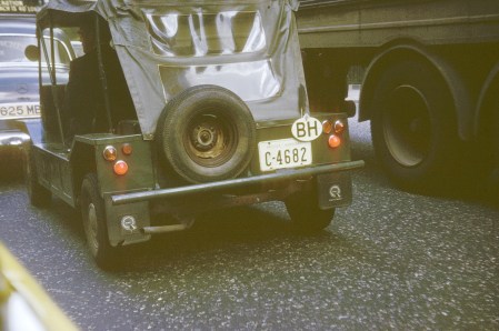 A mini-Moke in London in the 1960s with the ultra-rare pre-Belize series for British Honduras.   C=Corozal.    AND a BH oval, properly manufactured by the RAC.   Bet they didn't sellmany of them!    Gray archive.