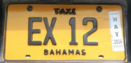 The Exuma Cays which have motors, use the code EX  to show their origin.and use the standard black-on-yellow given to all public taxis in the archipelago.