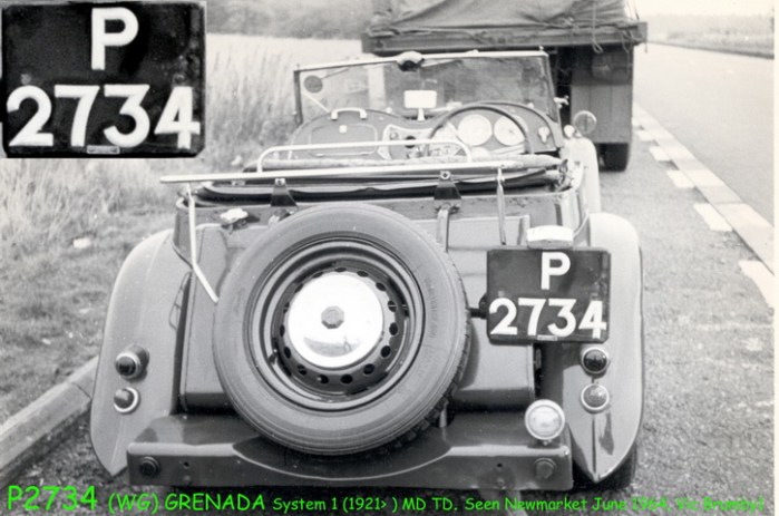 P 2734 was a rare Grenada (WG) plate seen by EU 038 on this MG TD near Newmarket in April 1969 , and (without photo) noted by EU 083 in July 1969.